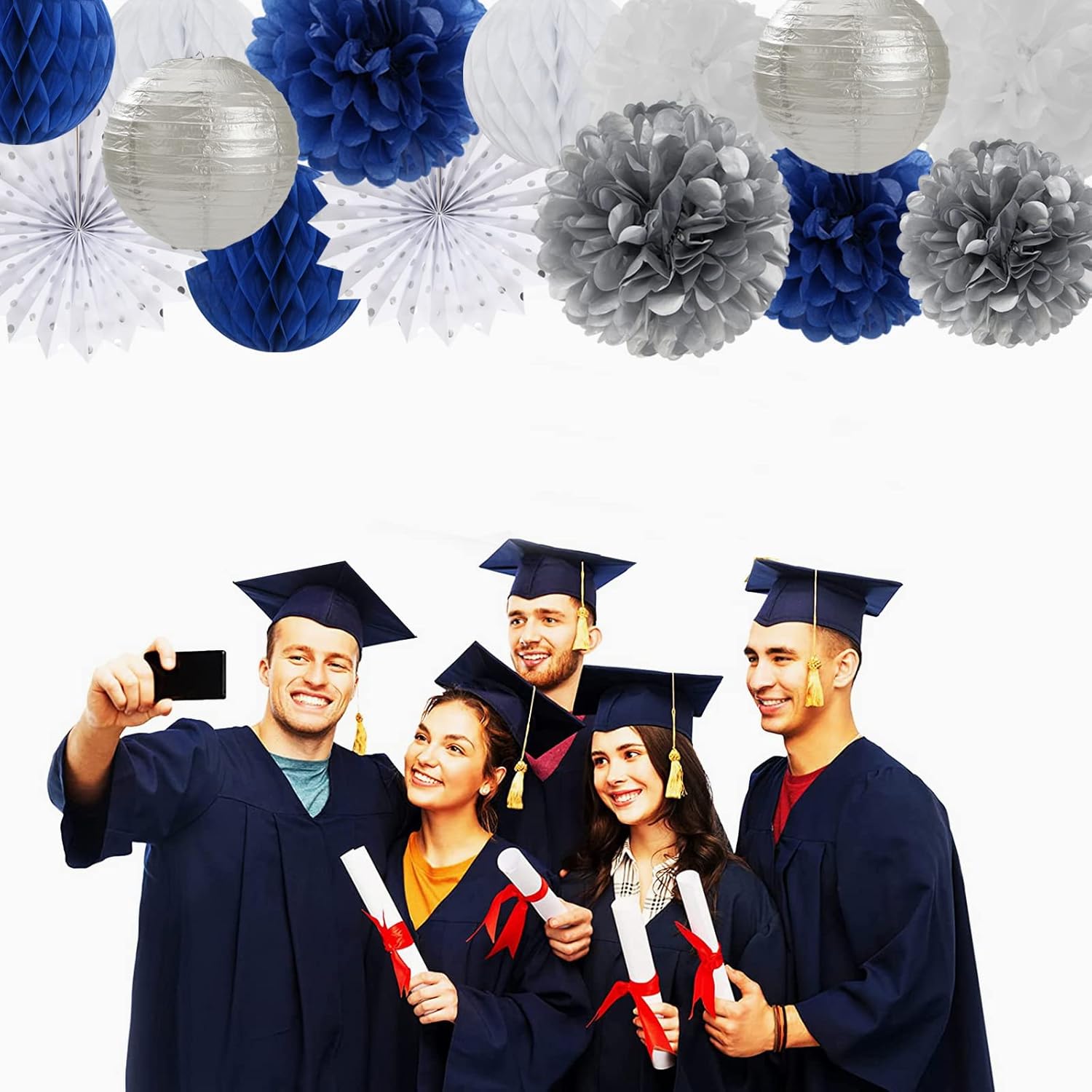 Navy-Blue White Silver Party Decorations - 14pcs Kits Paper Lanterns Fan,Tissue Flower Pom Poms