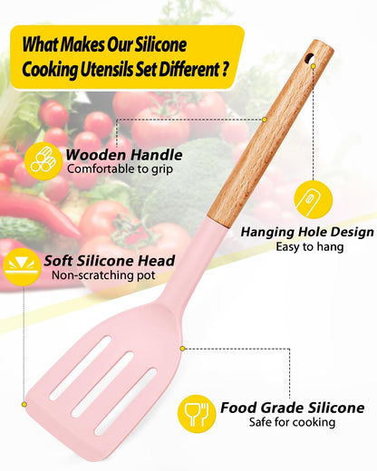 Pack of 4 Silicone Cooking Utensils Set, Non Stick Solid Spatulas and Heat Resistant Slotted Spoons