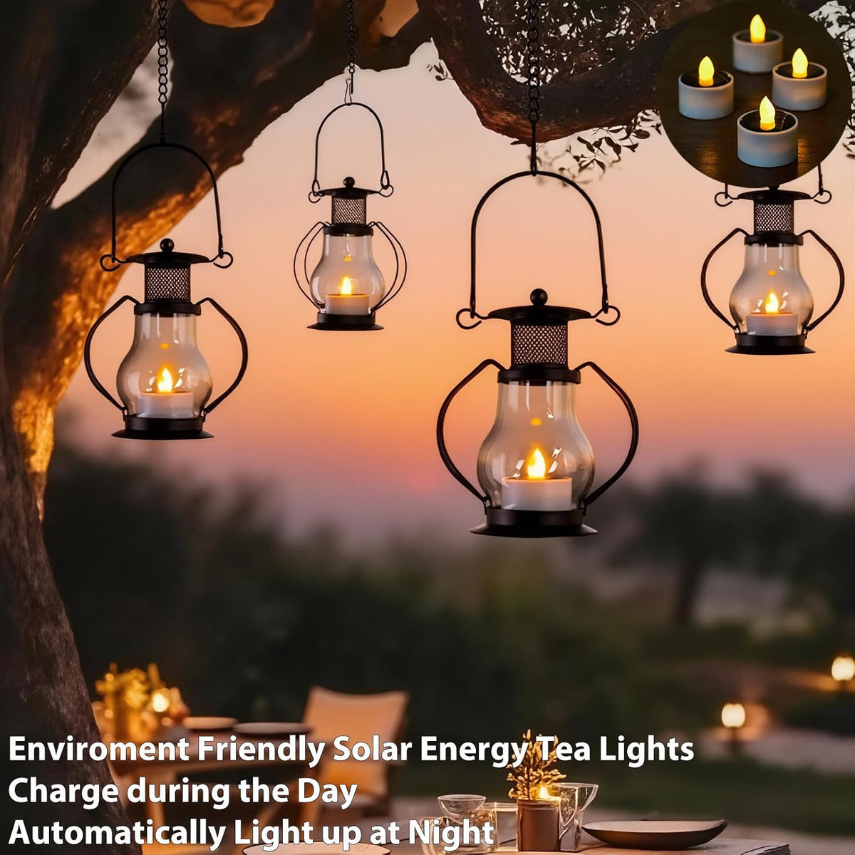Solar Hanging Lanterns Outdoor Waterproof, Vintage Mini Metal Lantern with Flickering Solar Powered