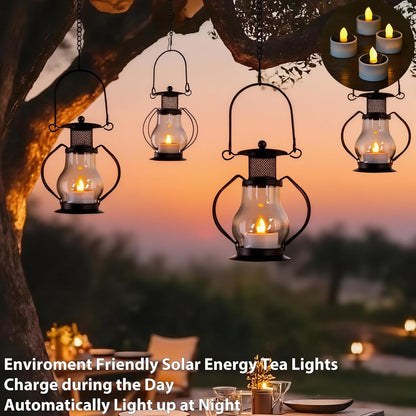 Solar Hanging Lanterns Outdoor Waterproof, Vintage Mini Metal Lantern with Flickering Solar Powered