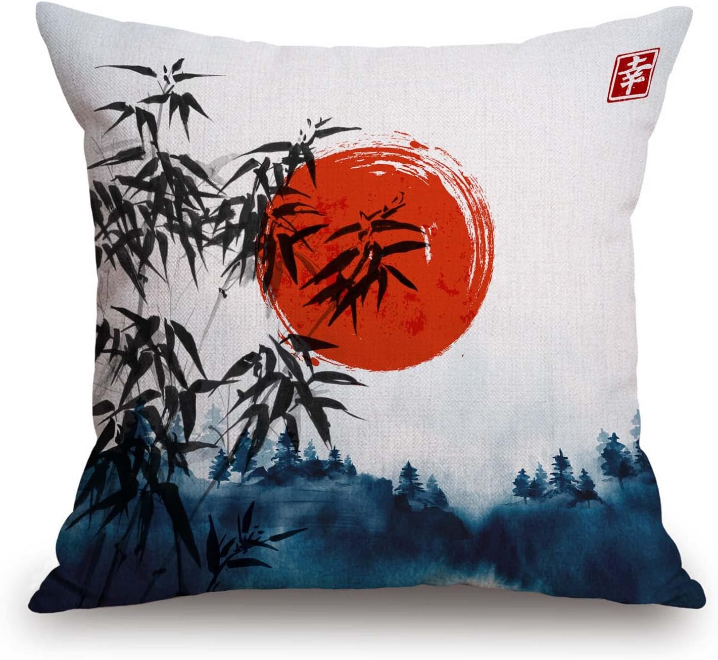 TSSOHU Throw Pillow Cover Japanese Bamboo Pillow case Asian Ink Painting Black Tree Stems Red Sun
