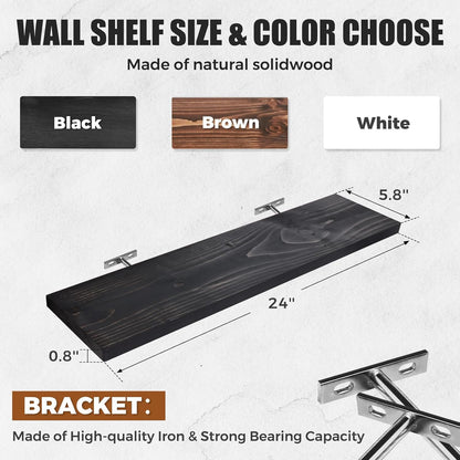 Floating Wall Shelves 3-Pack - 24-Inch Rustic Black Wooden Shelves for Storage and Décor, Easy
