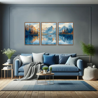 KAIRNE Framed Large Landscape Wall Art,Abstract Forest Prints Paintings,Watercolor Blue Mountain
