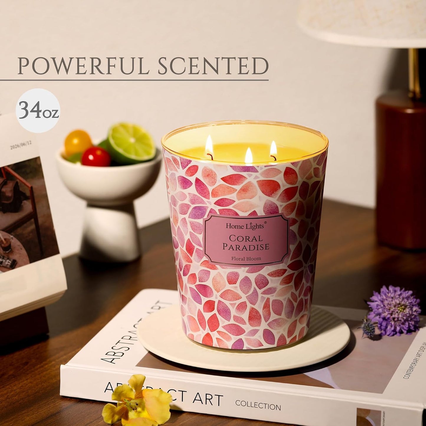 HomeLights Coral Paradise Scented Candles | 34oz Soy Candles Bohemian Natural Textures 3-Wick Large