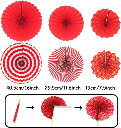 ZERODECO Party Decoration, 21 Pcs Red Hanging Paper Fans Pom Poms Flowers, Garlands String and