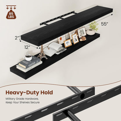 Black Floating Shelves for Wall 55 Inches Long, 12" Deep Wall Shelves 2" Thick, Heavy Duty Shelf