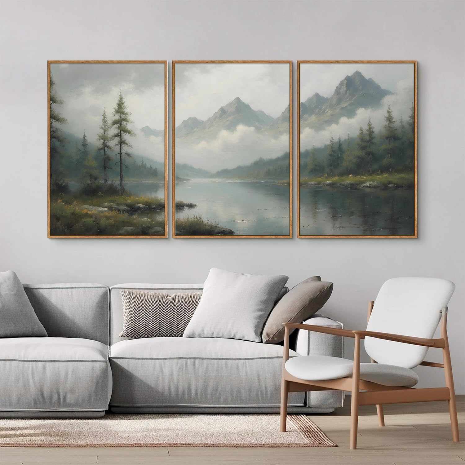 SIGNINART Large Green Forest Framed Canvas Wall Art Set, Misty Mountain Lake Scenery Wall Decor