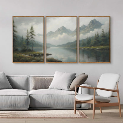SIGNINART Large Misty Mountain Framed Canvas Wall Art, Green Forest River Scenery Wall Decor