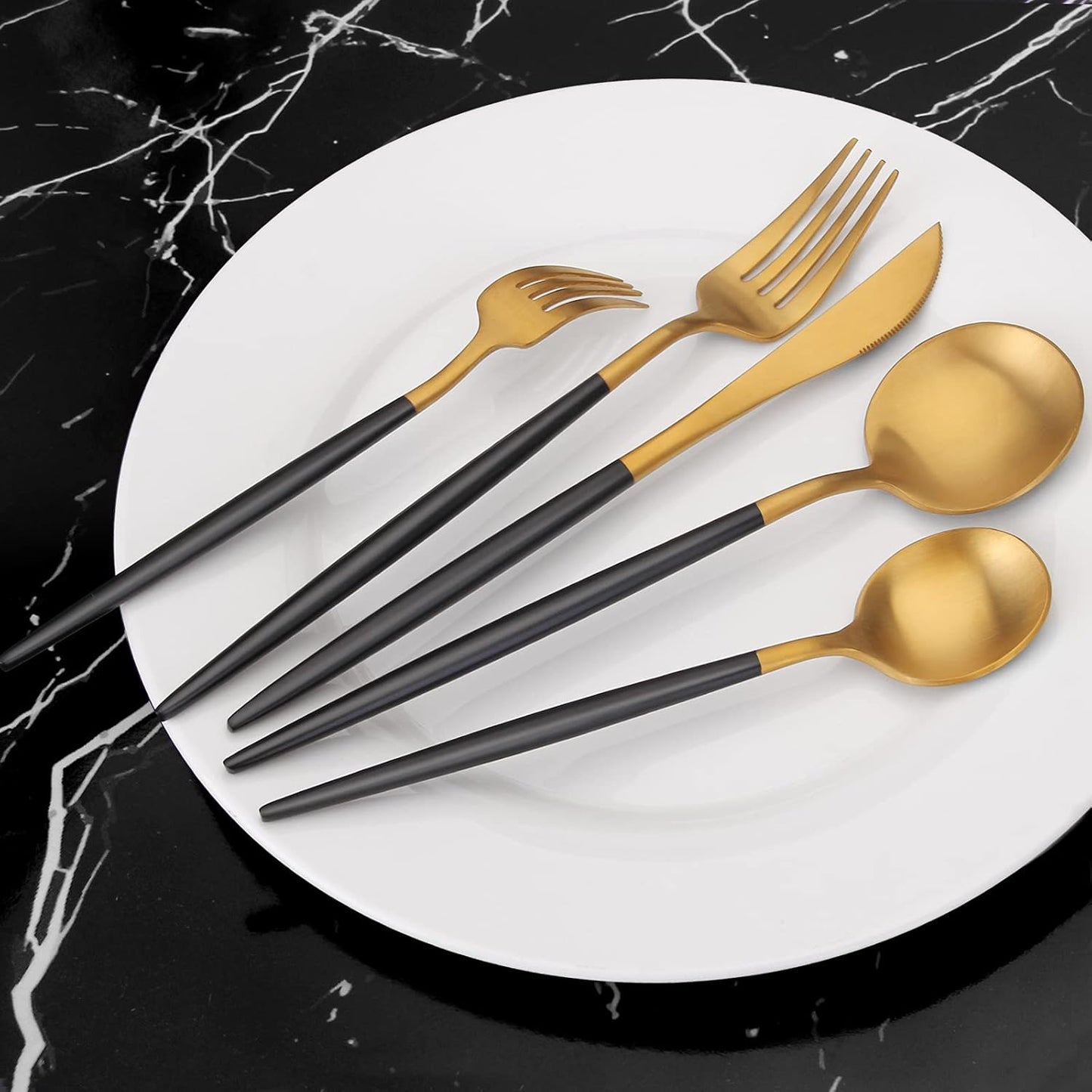 Matte Gold Silverware Set with black handle, Vanys 20 Piece Stainless Steel Cutlery Flatware Set