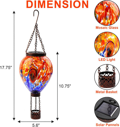 VOREEN Solar Hot Air Balloon Light – Hand Blown Colorful Glass Outdoor Hanging Lantern, Waterproof