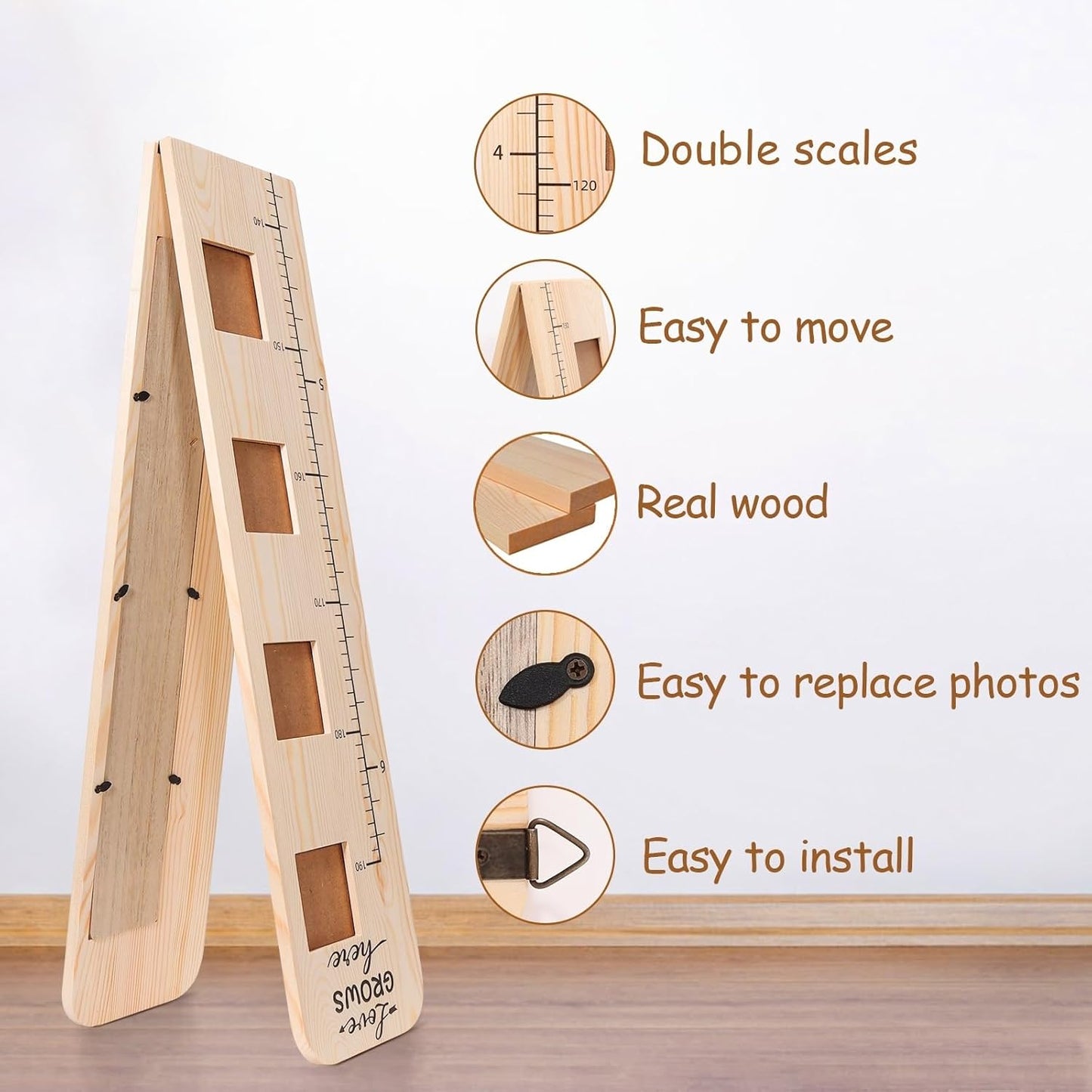 Garybank Solid Wood Growth Chart for Kids with Picture Frames, Height Measurement Ruler Milestone