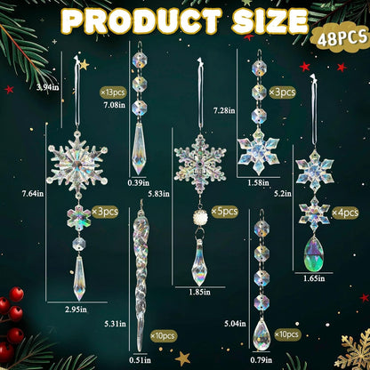48pcs Christmas Crystal Ornaments for Tree - Iridescent Christmas Tree Ornaments Acrylic Snowflakes