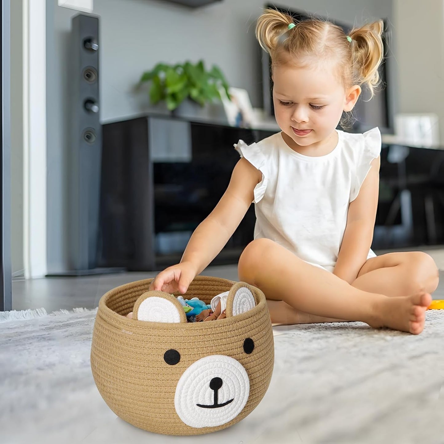 PandaEar Cotton Rope Baby Basket, Baby Gift Basket Nursery Laundry Organizer with Cute Bear Design