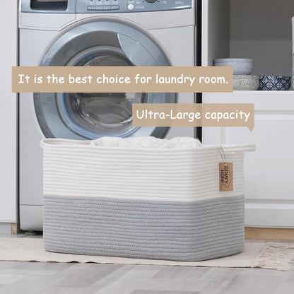 COMFY-HOMI Large Rectangle Laundry Storage Basket | Cotton Rope Woven, Organizing with Handle |