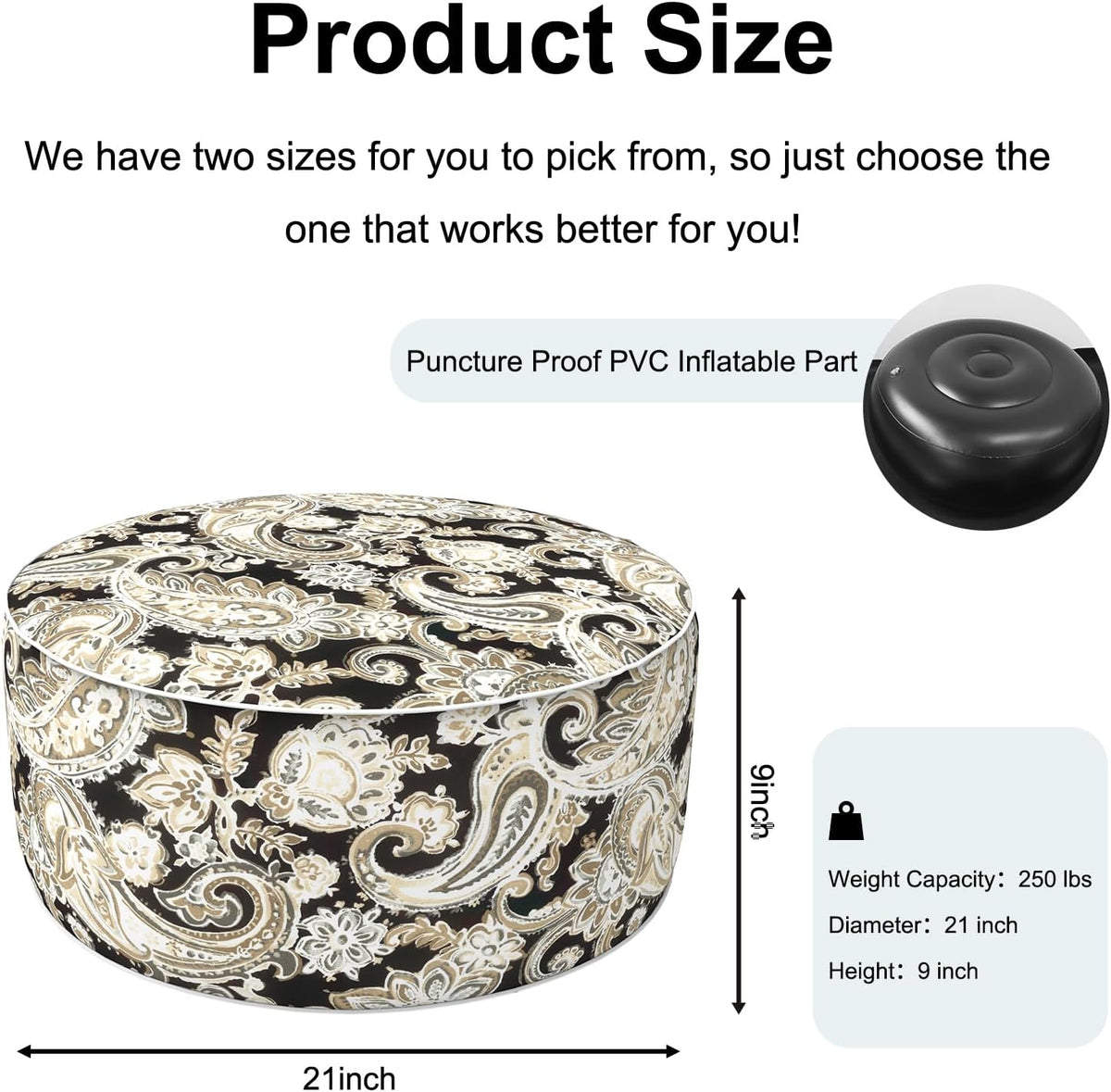 Inflatable Ottoman Stool D21 xH9 for Outdoor/Indoor Use, Water Repellent Patio Foot Rest Stool with
