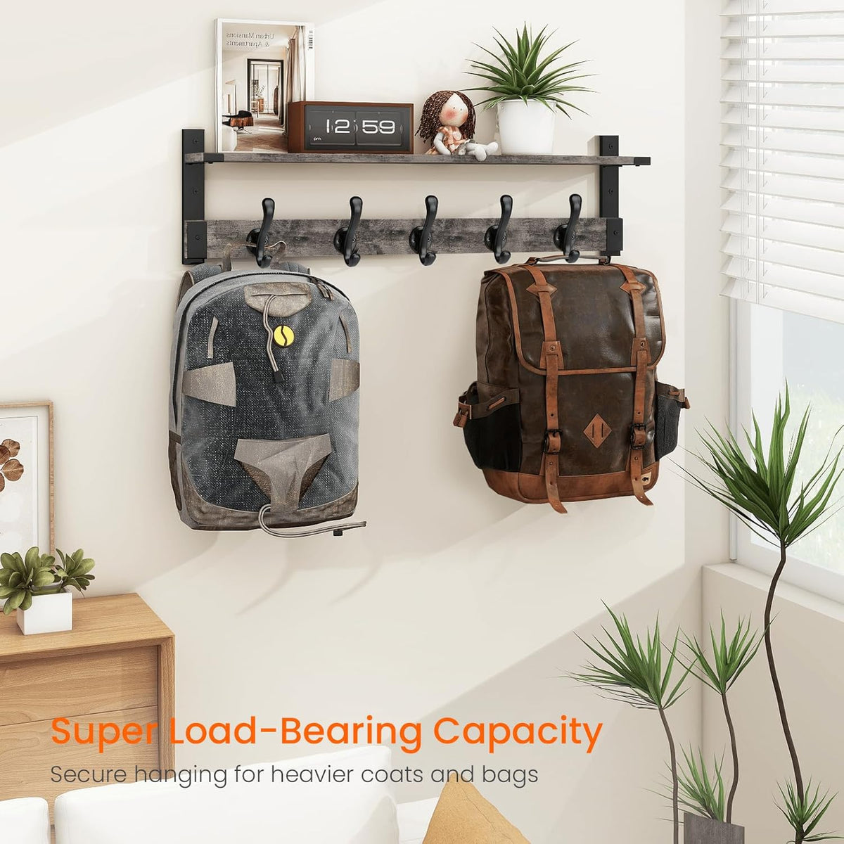 Homode Coat Rack Wall Mount with Shelf, 29 Inch Wood Wall Shelf with Hooks, Entryway Coat Hanger