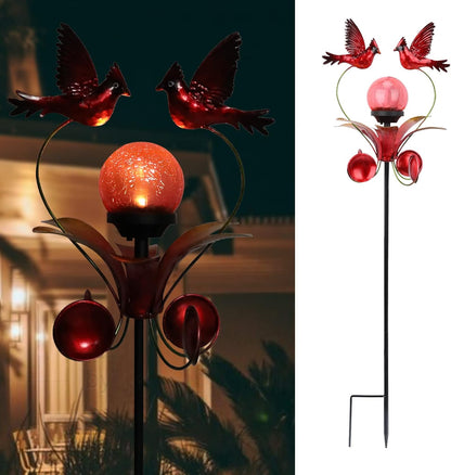 VCUTEKA Cardinal Solar Lights Outdoor Metal Garden Stake Waterproof Crackle Glass Globe Garden