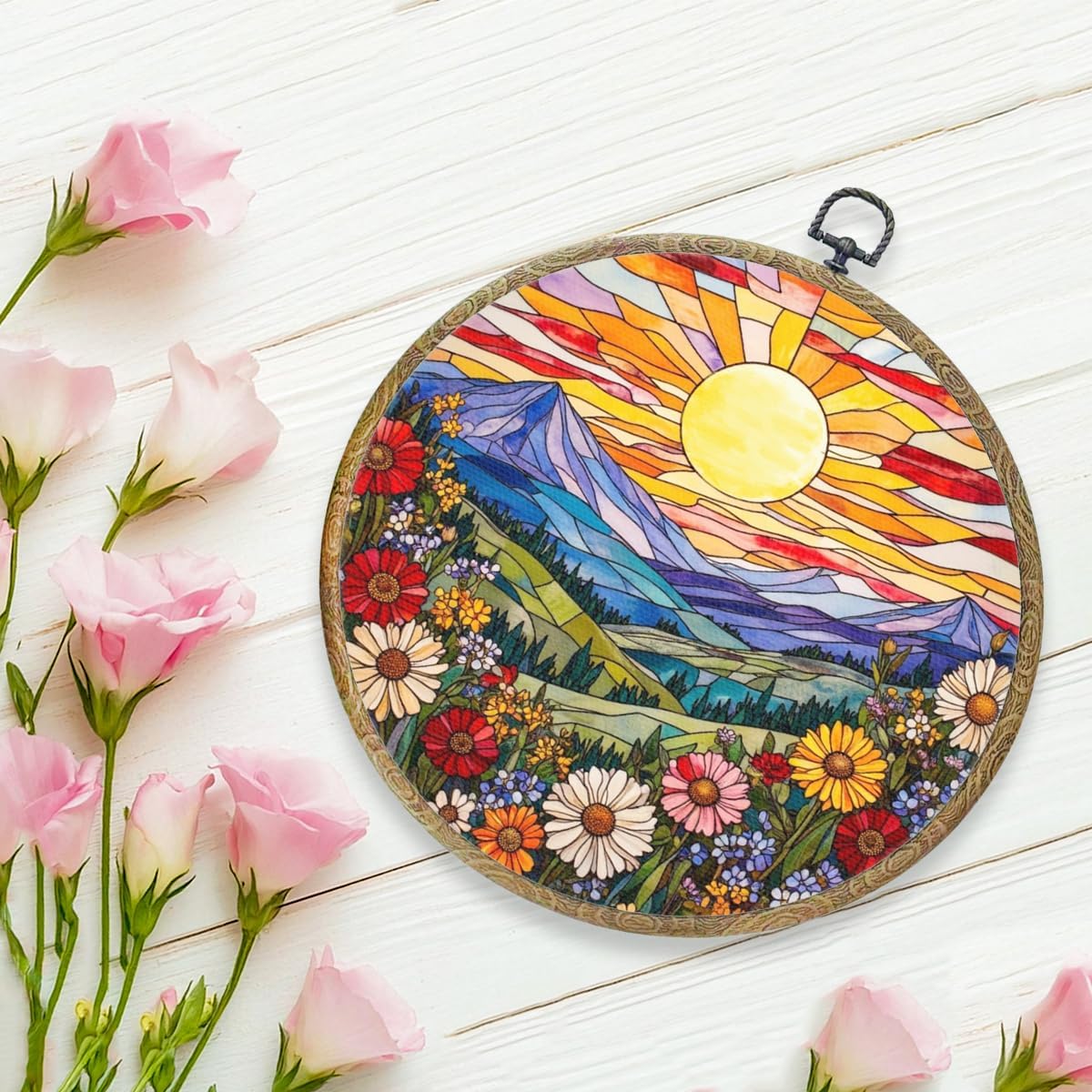 Wildflowers Sunset Flower Floral Garden Decor, Gift for Mom, Nature Lover Gift Framed Round Wall