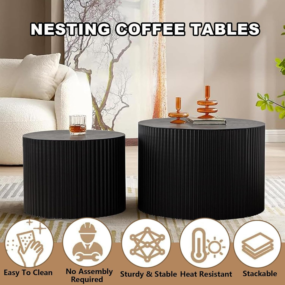 Modern Black Nesting Coffee Table Set of 2 Handcraft Fluted Coffee and End Table Sets Wooden Drum