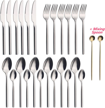 24 Piece Silverware Set For 6 Heavy duty 18/10 Stainless Steel Flatware Set Modern Design