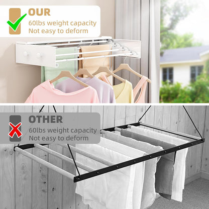 Wall Mounted Drying Rack with 4 Hooks and Shelf, Foldable Clothes Drying Rack for Laundry Room