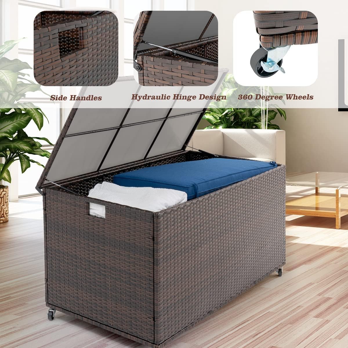 Outdoor 170 Gallon Water-Resistant Wicker Storage Box with Wheels, PE Rattan Deck Box with