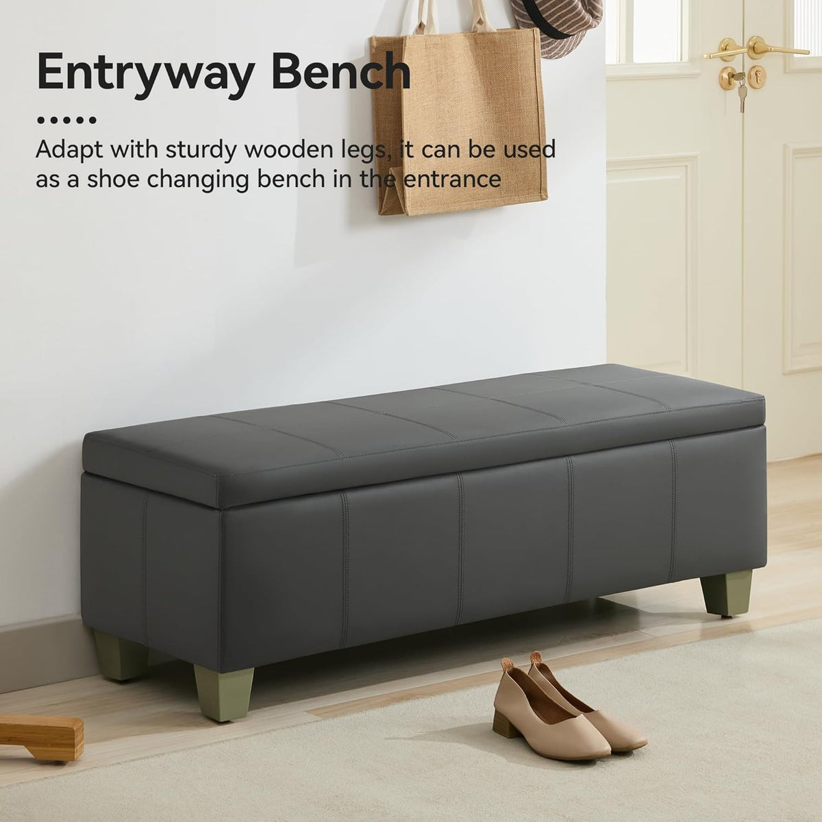51" Faux Leather Storage Ottoman, Stitch Tufted Rectangle Upholstered End of Bed Storage Bench