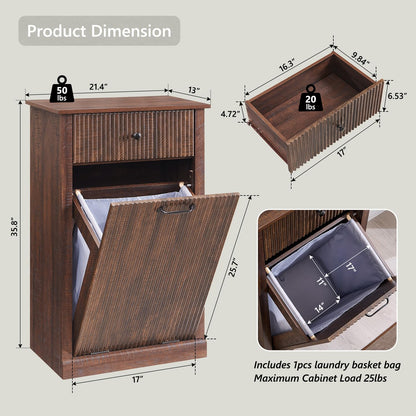 Modern Tilt-Out Trash Can Cabinet, 10 Gallon Fluted Laundry Hamper Cabinet with Drawers, Wooden