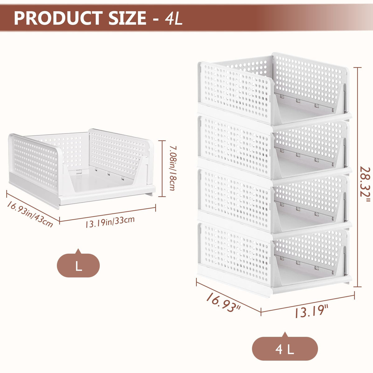 4 Pack Folding Closet Organizers Storage Box, Stackable Storage Bins, Plastic Drawer Basket Closet