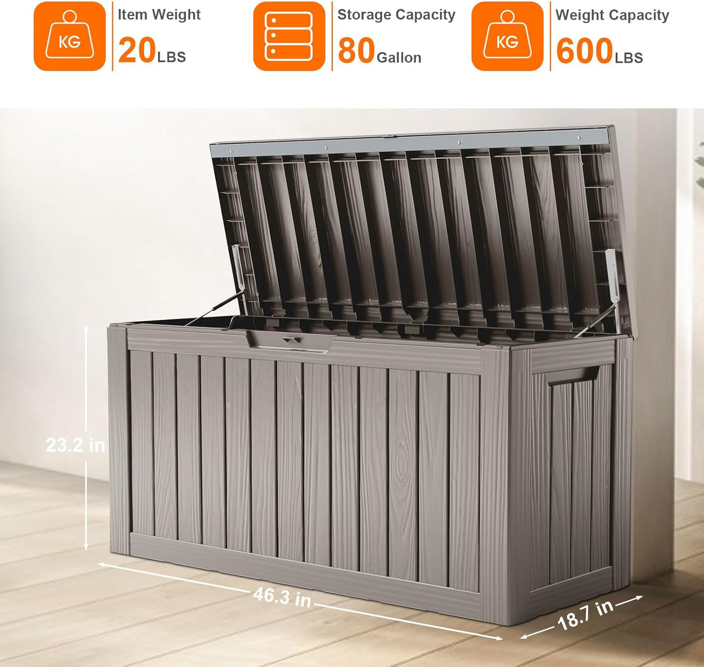 80 Gallon Resin Deck Box, Lockable Patio Outdoor Storage Box for Furniture, Garden Tools and Tools