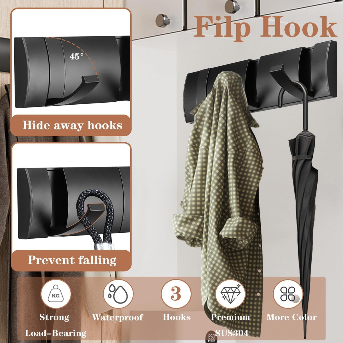 Folding Coat Hooks, Wall Mounted Coat Rack with 3 Retractable Hooks, Heavy Duty Towel Rack for
