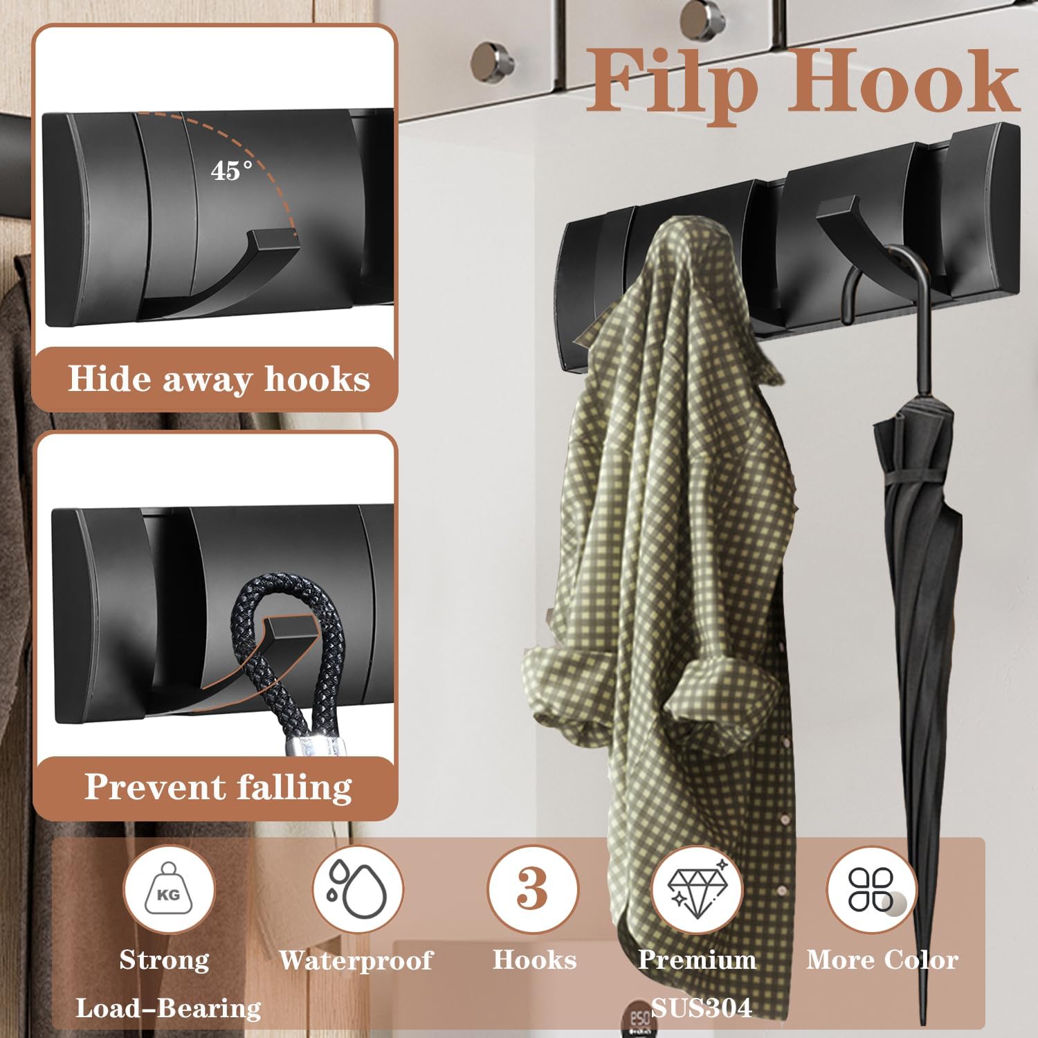 Folding Coat Hooks, Wall Mounted Coat Rack with 3 Retractable Hooks, Heavy Duty Towel Rack for