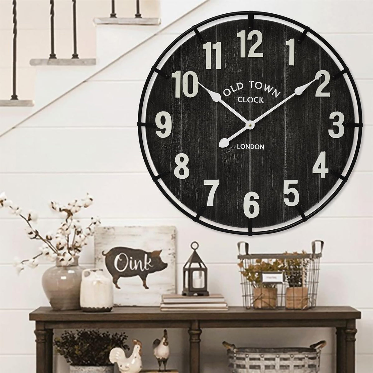 Large Old Town Farmhouse Wall Clock – 24 Inches Rustic Antique Wood with Metal Circle and Large