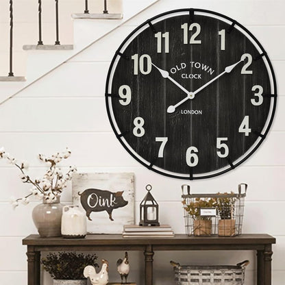 Large Old Town Farmhouse Wall Clock – 24 Inches Rustic Antique Wood with Metal Circle and Large