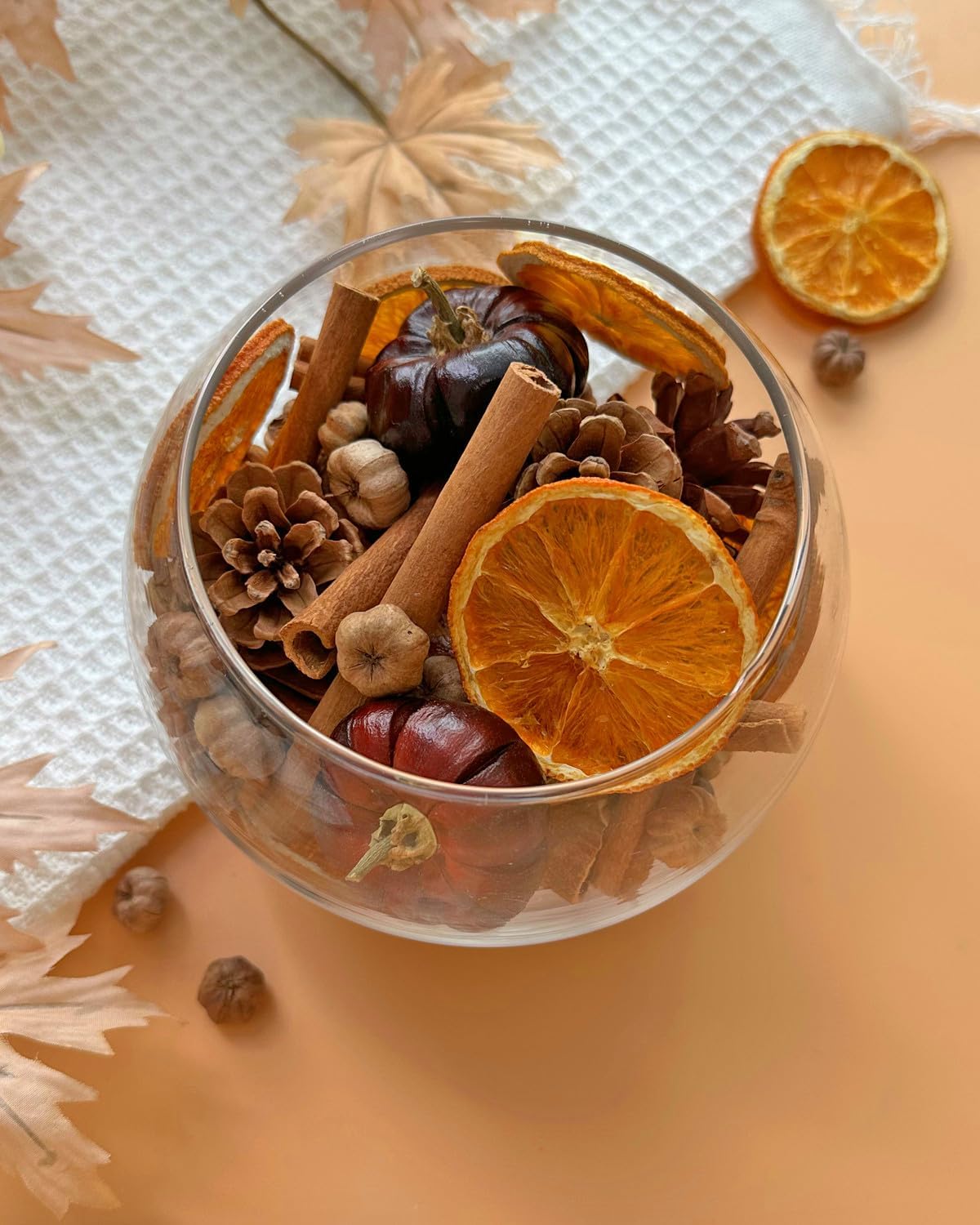 Fall Potpourri Bowl Filler with Mini Pumpkin, Cinnamon Stick, Dried Orange Slices, Pine