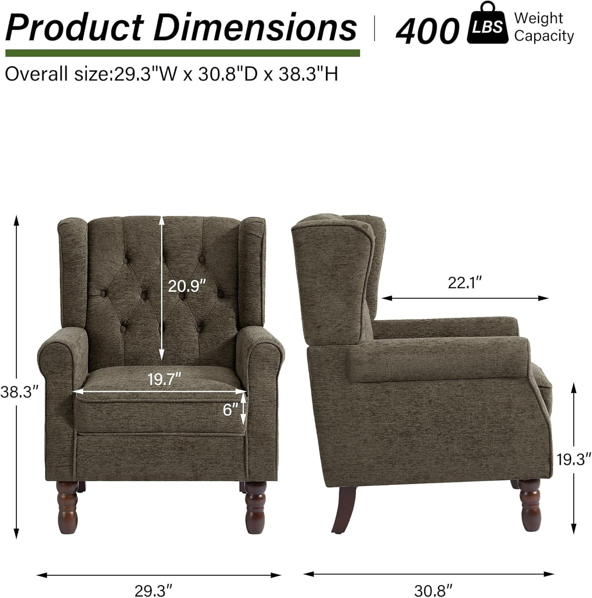 Accent Chair, Upholstered Armchair with Button Tufted High Back & Solid Wood Legs, Comfy Wingback