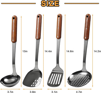 FJNATINH Stainless Steel Wok Spatula,Slotted Spatulas,Ladle,Skimmer Ladle Tool Set,Mirror Polished