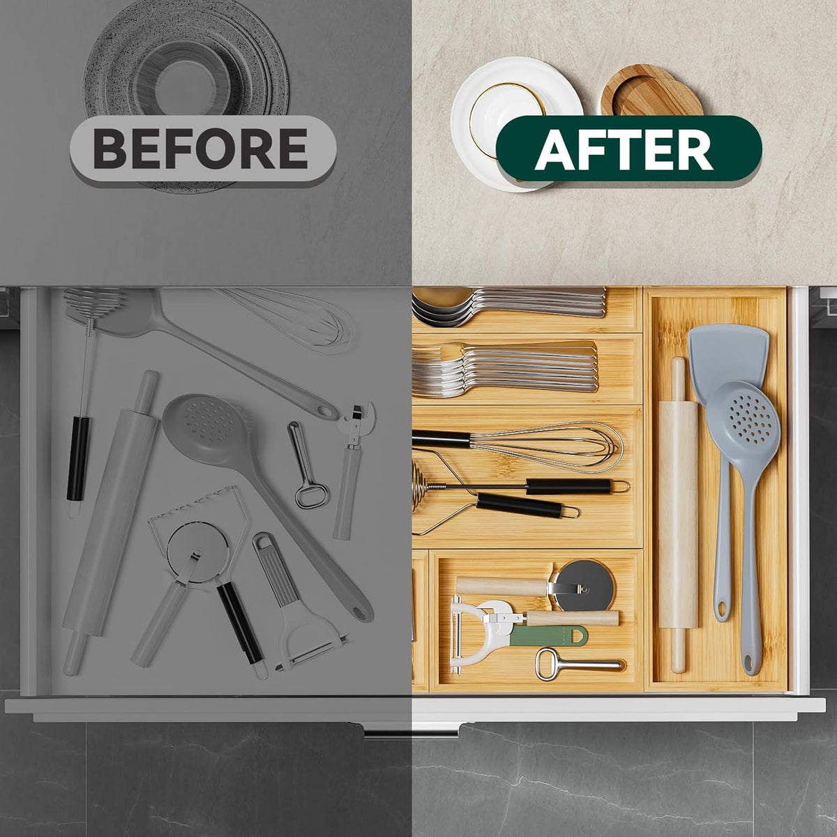 Bamboo Drawer Organizer, Small Silverware Organizer for Kitchen Drawer, Stackable Utensil Tray, 2