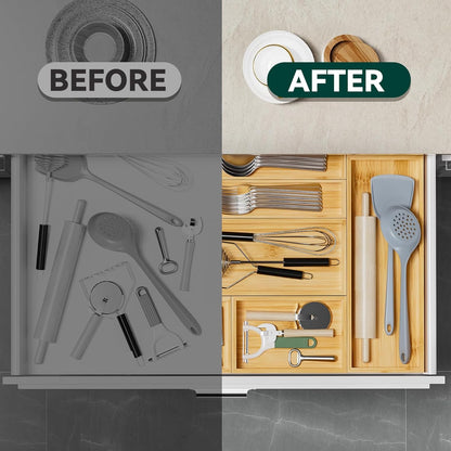 Bamboo Drawer Organizer, Small Silverware Organizer for Kitchen Drawer, Stackable Utensil Tray, 2