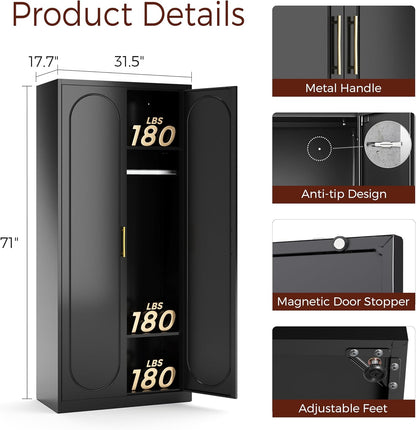 Metal Armoire Wardrobe Closet with 2 Doors, 71" Black Wardrobe Cabinet with Hanging Rod and