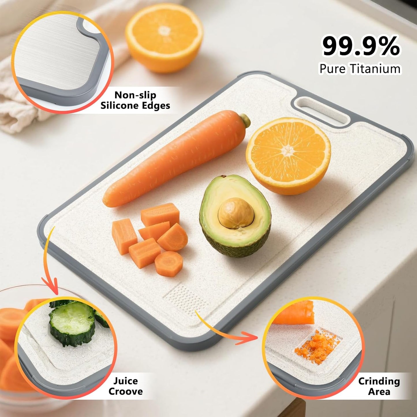 Titanium Cutting Board for Kitchen, Double Sided Cutting Boards for Meal Prep with Pure Titanium
