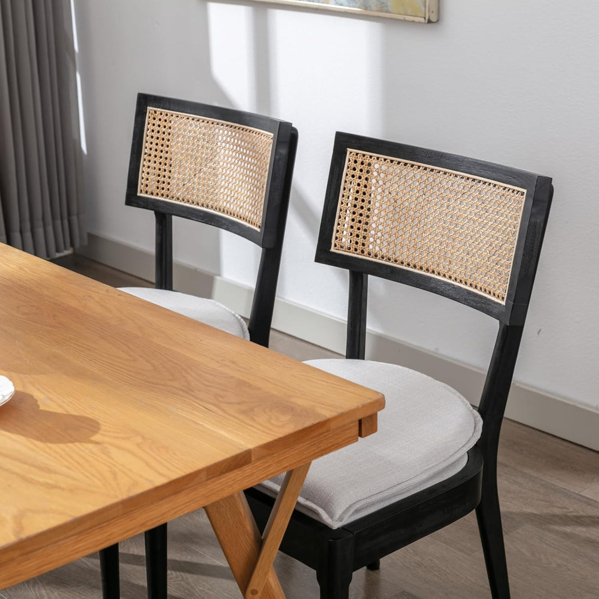 Rattan Dining Chairs Set Of 2 , Mid Century Modern Black Wooden Cane Back Chairs with Removable