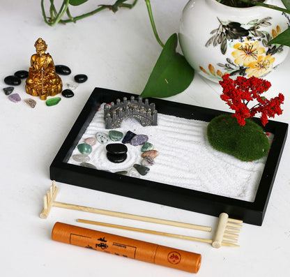 Mini Meditation Zen Garden Kit - Japanese Tabletop Rock Sand Chakra Buddha Garden Home Office Desk