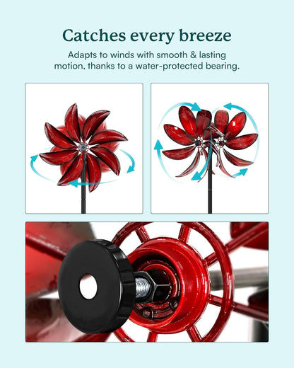 Wind Spinners Outdoor - Red Metal Windmill with Stake for Yard and Garden, Kinetic Wind Sculptures