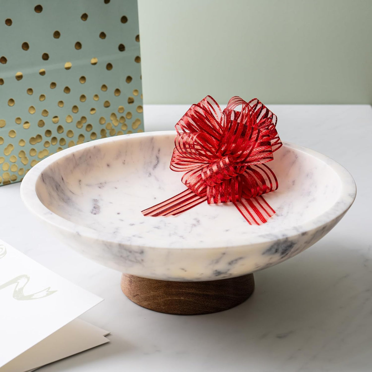 Cork & Mill Marble Decorative Bowl for Home Decor - Handcrafted Natural Stone with Acacia Wood
