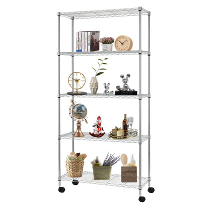 FDW | 5-Tier Wire Storage Shelves with Wheels | 30"x14"x61" | Chrome | Adjustable Racks |