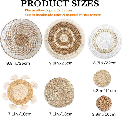 7 Pack Boho Wall Basket Decor - Seagrass Rattan Wicker Wall Decor Round Handmade Hanging Rustic