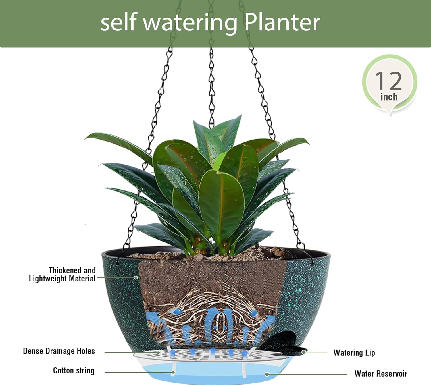 12 Inch Hanging Baskets 2 PC with Chains, Self-Watering Hanging Planters for Indoor Outdoor Plants