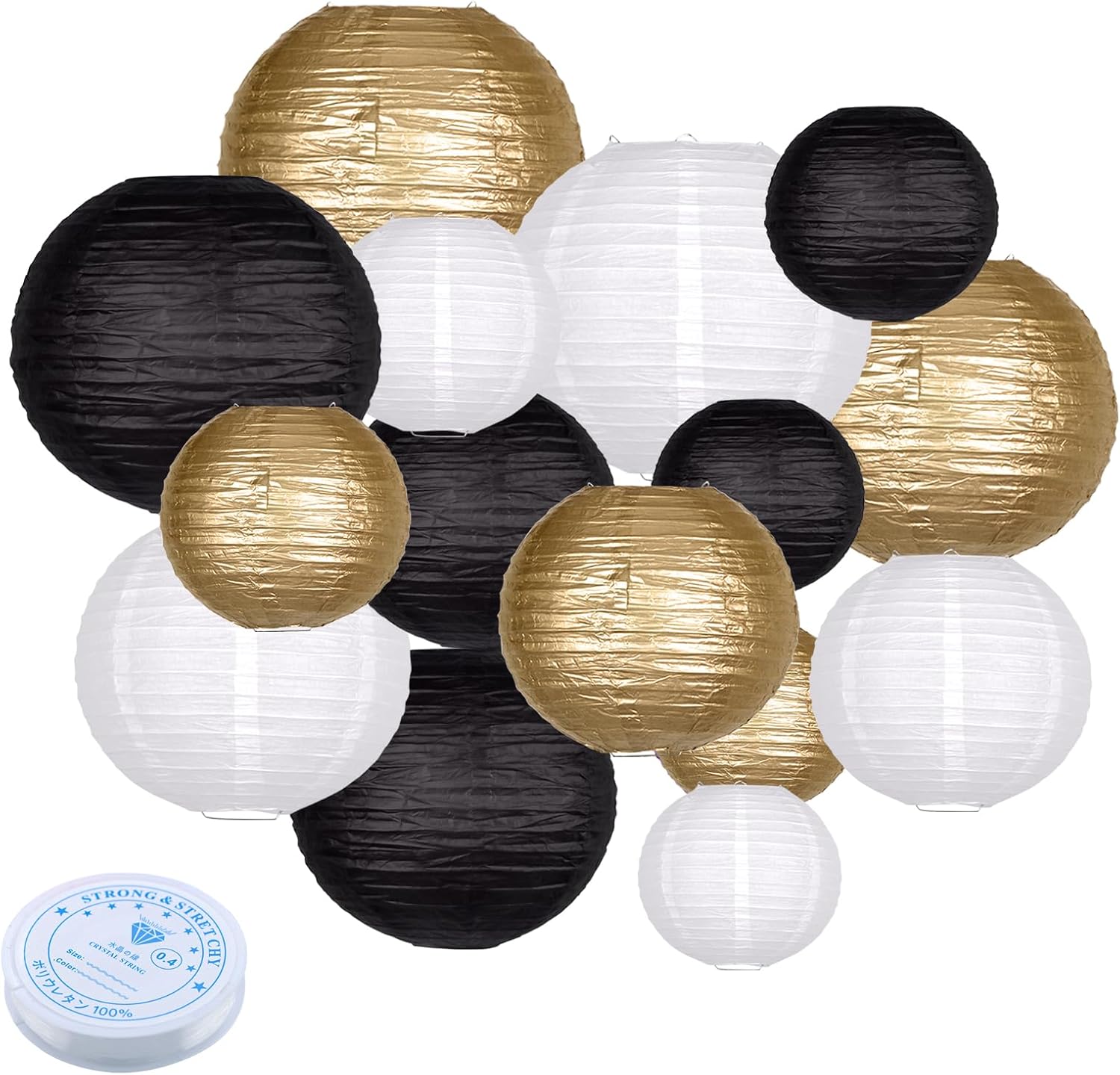 15pcs Paper Lanterns Black Gold Round Hanging Chinese Paper Lanterns 4" 6" 8" 10" 12" for