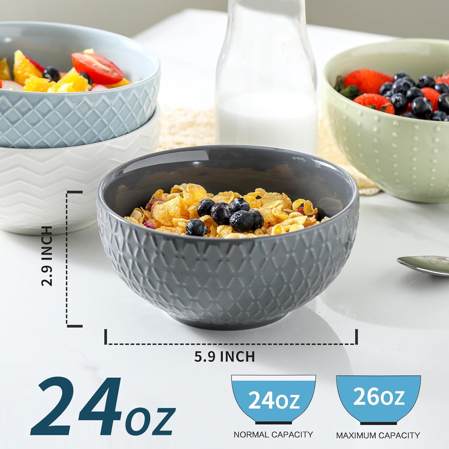 Hasense Soup Bowls 26 OZ, Ceramic Bowls Set of 4 for Kitchen, Embossed Stoneware Porcelain Cereal